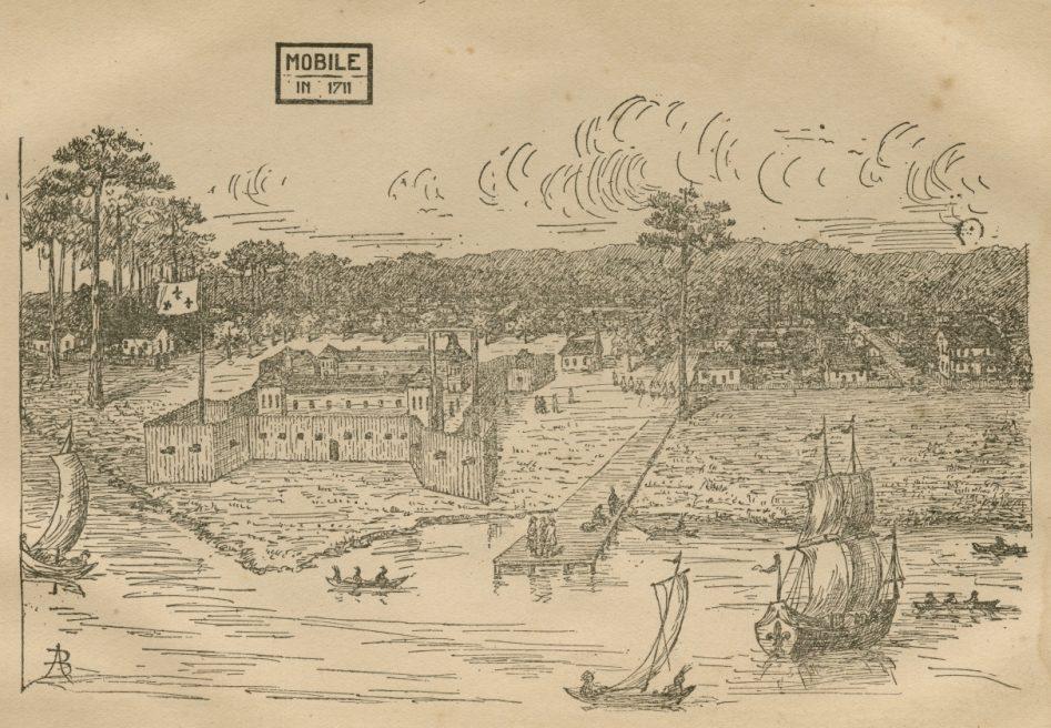 Sepia-toned illustration of a colonial settlement labeled Mobile 1711. Features wooden structures, fortified walls, sailing ships on a river, and small boats. The landscape includes trees and scattered buildings under a cloudy sky.
