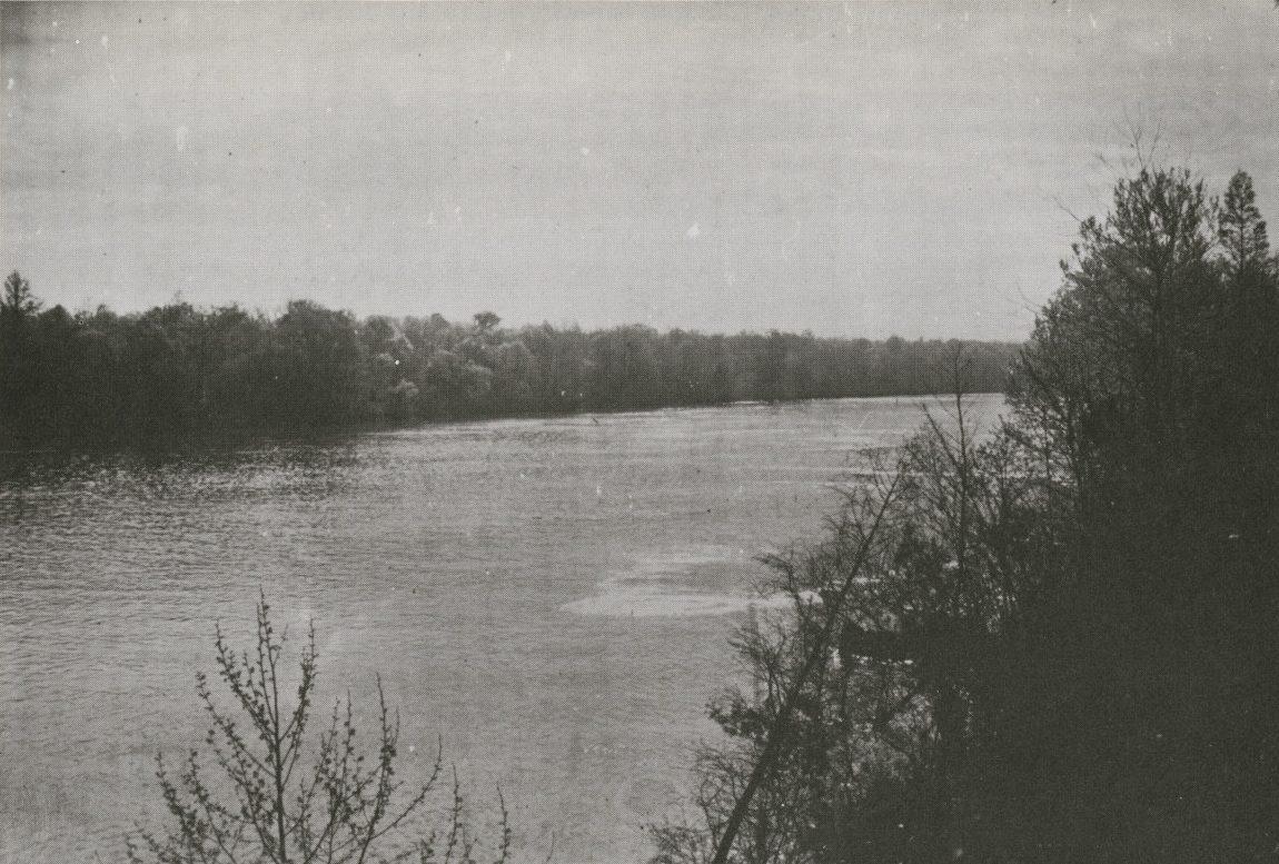 A black-and-white photograph of a wide river flowing between tree-lined banks. The trees are dense with foliage, and the sky is overcast, casting a soft, diffused light over the water.