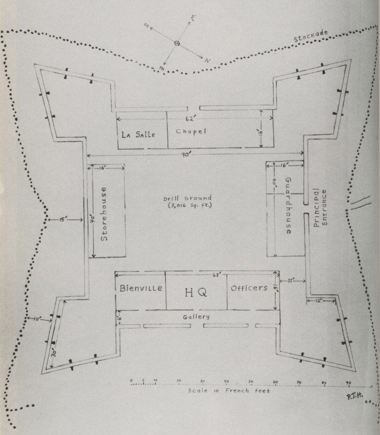 A black and white historical blueprint of a star-shaped fort layout. It includes labeled sections for La Salle, Chapel, Storehouse, Bienville, HQ, Officers, and Guardhouse, surrounded by a stockade. A compass rose is shown at the top. Scale in French feet.