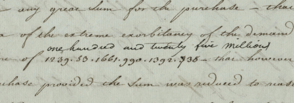 A handwritten document in cursive script, displaying the phrase one hundred and twenty five million followed by a sequence of numbers: 1239, 58, 1661, 990, 1392, 736. The writing is on a light-colored paper.