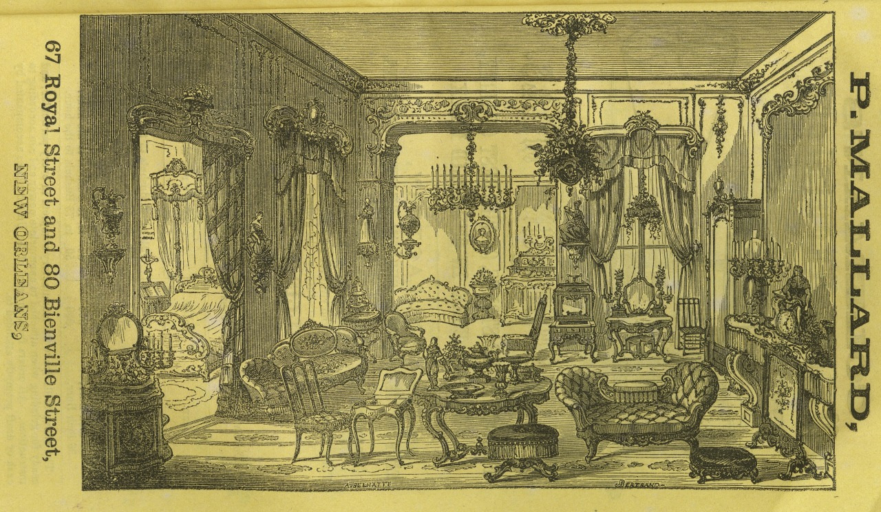 A detailed illustration of an ornate Victorian-style interior with elegant furniture, such as sofas, chairs, a piano, and chandeliers. The walls are adorned with mirrors and drapes, creating a luxurious ambiance. The text indicates a location in New Orleans.