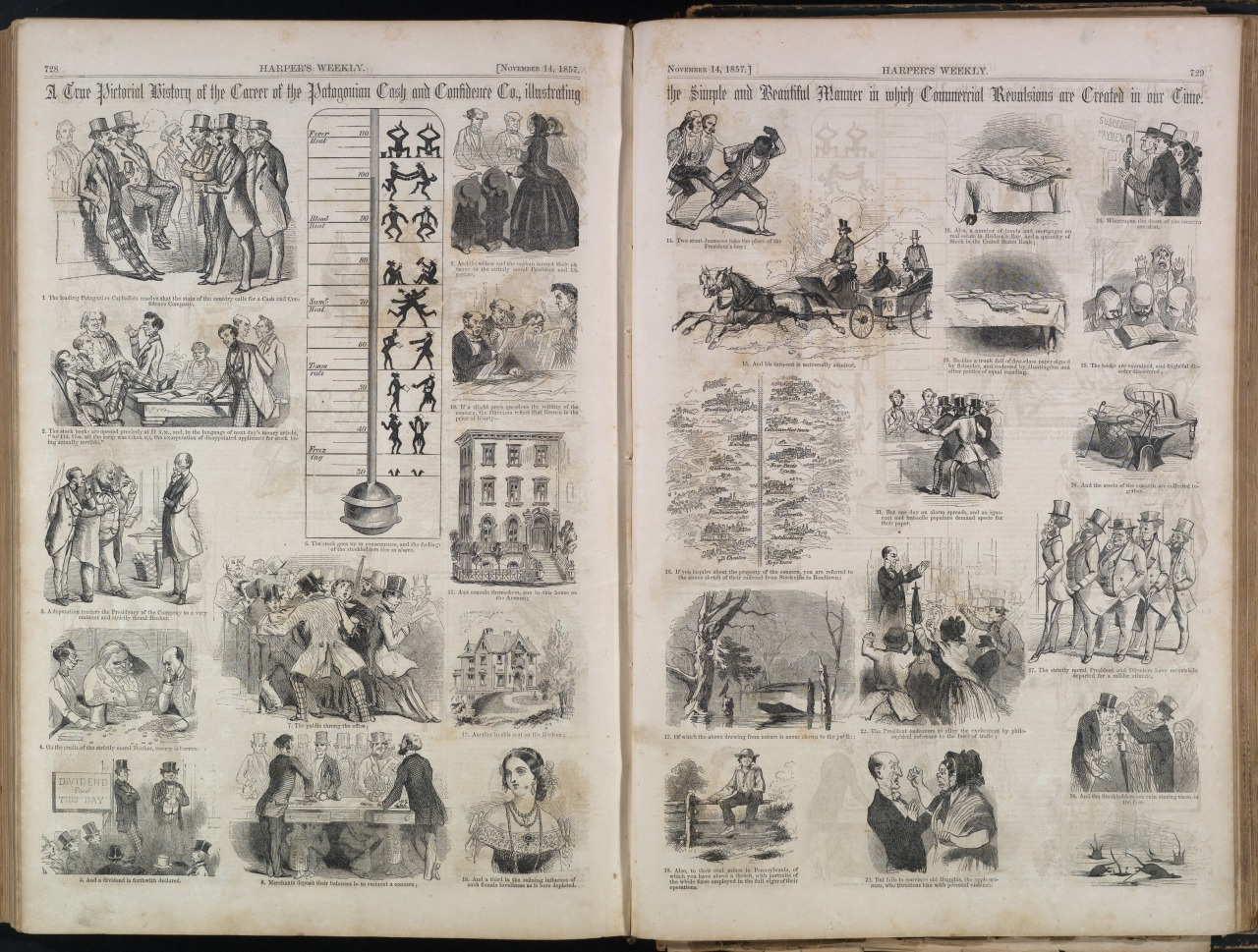 A double-page spread of an old illustrated newspaper showing various black and white sketches. Scenes depict people engaging in discussions, reading, and other activities, alongside illustrations of horses, buildings, and more. Text surrounds the images.