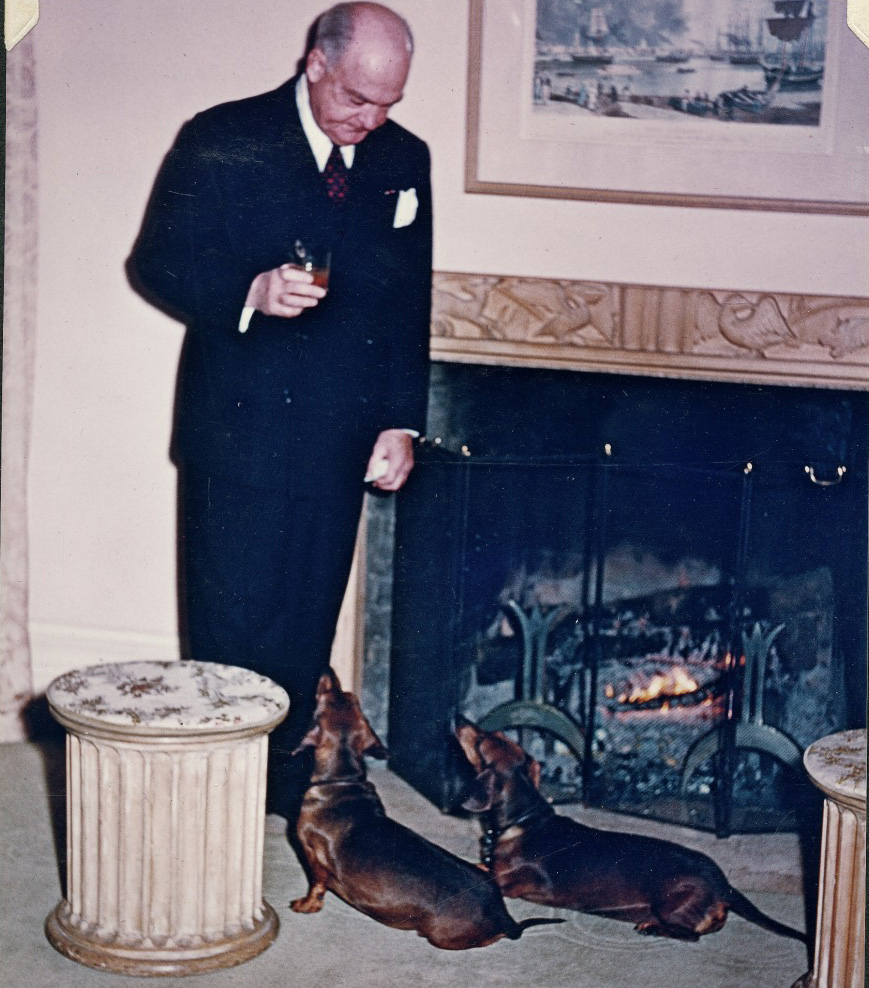 A man in a suit stands in front of a fireplace, holding a drink and looking down at two dachshunds sitting on the floor. A decorative column and a framed painting are also visible in the cozy room.