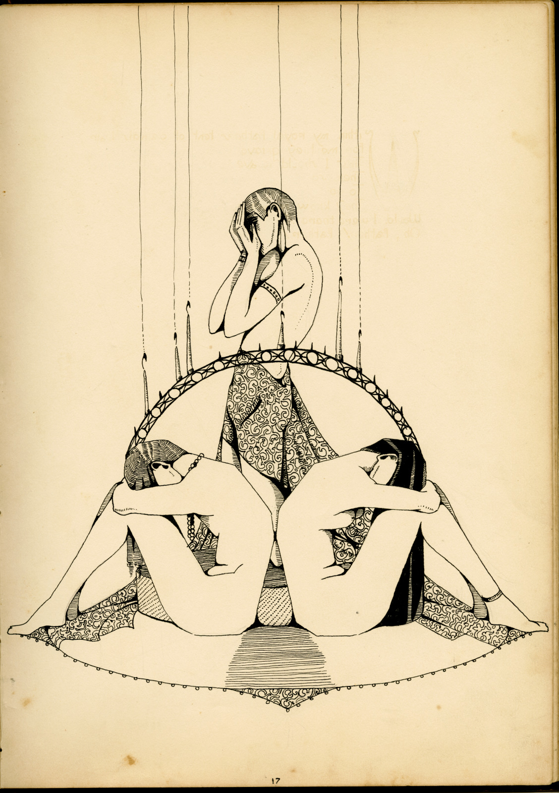 Monochromatic illustration showing two nude femal figures hunched over with their heads and arms on their knees, as if in grief. A third standing figure has their palms placed over their face.