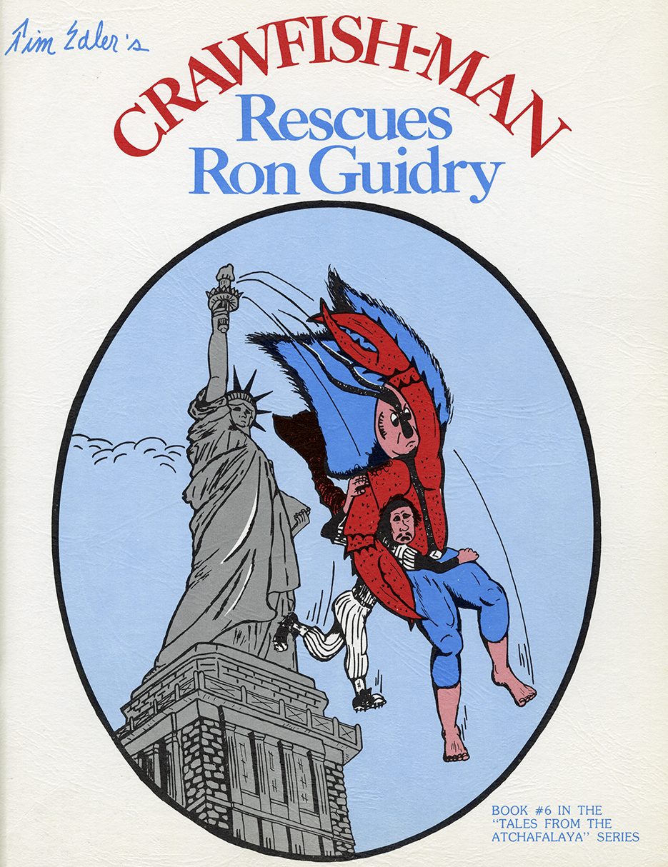 Crawfish-Man clutches Rob Guidry as he leaps from the top of the Statue of Liberty.