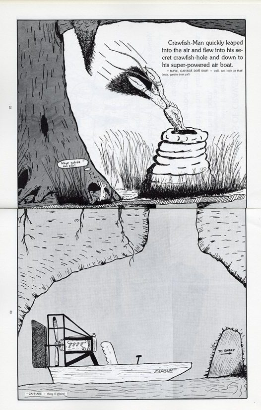 This two-page spread illustration shows Crawfish-Man leaping into his crawfish mound lair to his underground airboat.
