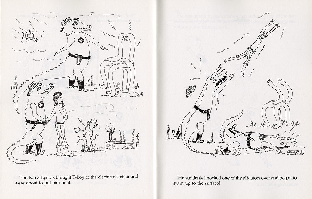 T-boy narrowly escapes the alligator bailiffs leading him to the electric eel chair.