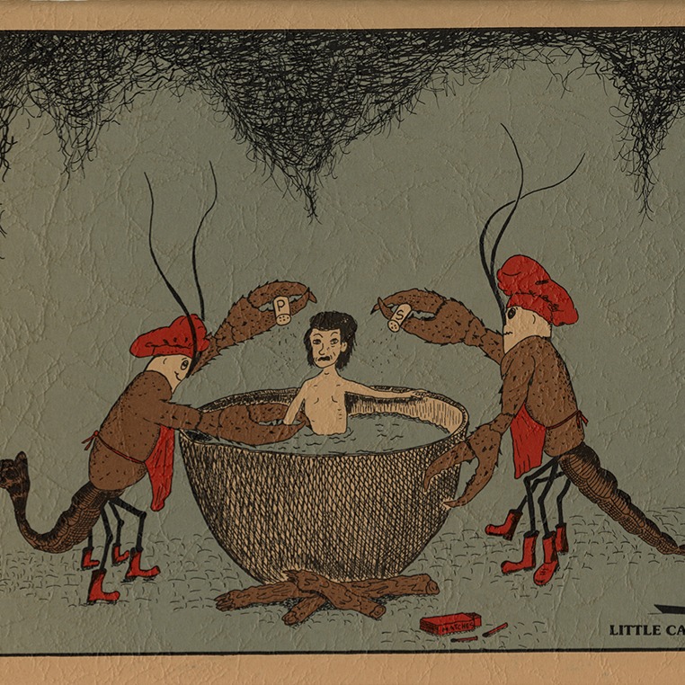 T-boy boils in a pot as two crawfish chefs salt and pepper him.