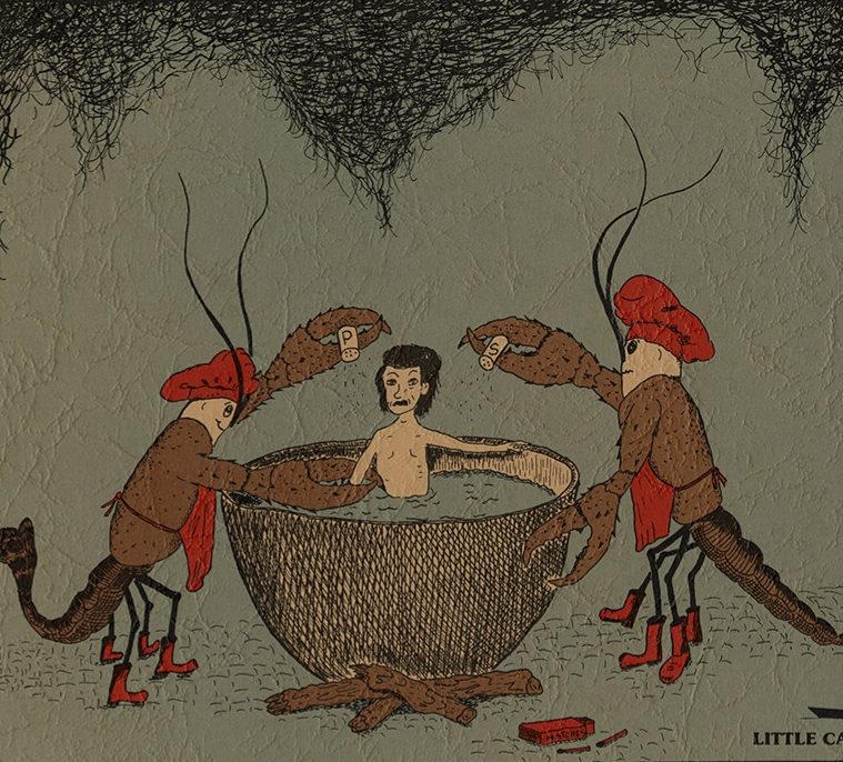 T-boy boils in a pot as two crawfish chefs salt and pepper him.