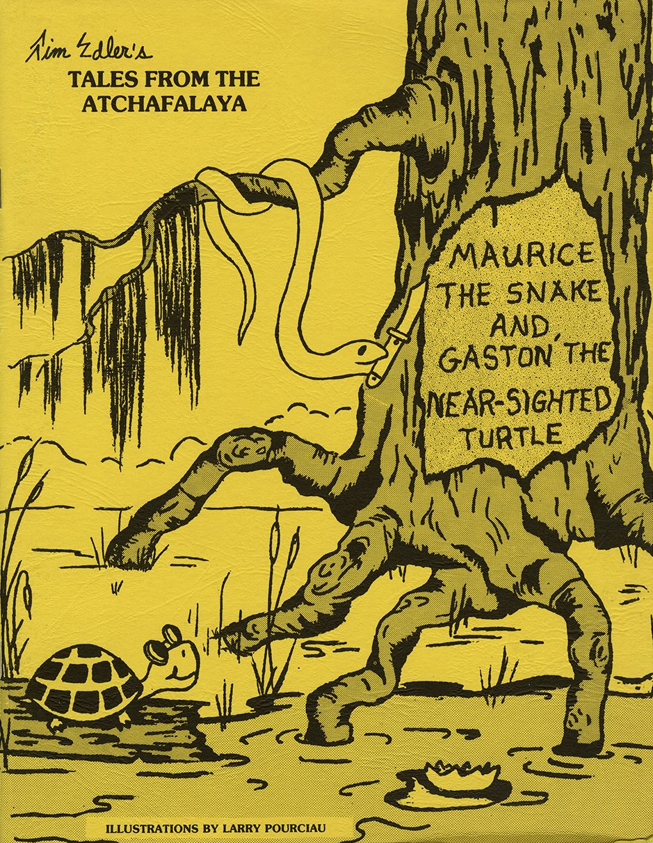 An illustration of a snake carving the book title into a cypress tree as a turtle with glasses looks on.