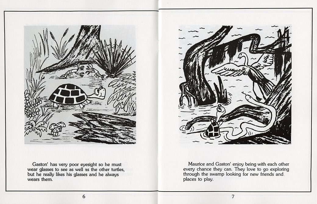 Gaston the turtle wanders through the swamp with Maurice the snake.