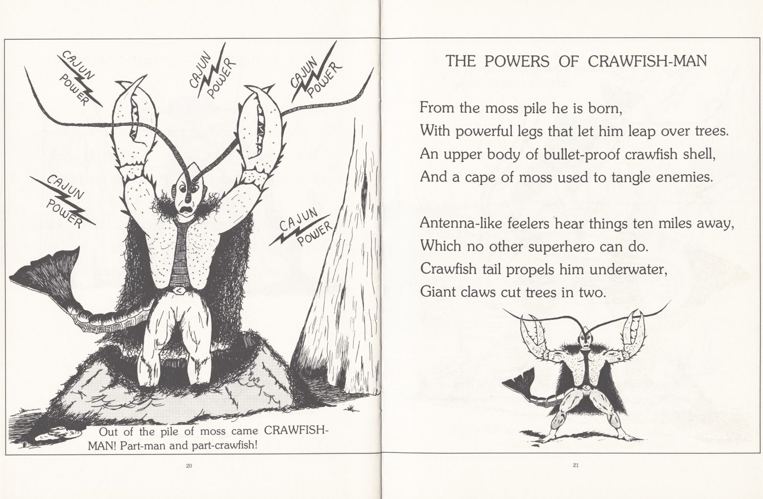 Crawfish-Man emerges from the moss pile with "Cajun power" lightning bolts around him.