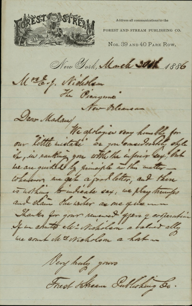 A handwritten letter dated March 19th, 1886, on Forest and Stream Publishing Co. letterhead. Addressed to Mrs. J. Nicholson, it expresses gratitude for her recent note. The formal script is neat and elegant.