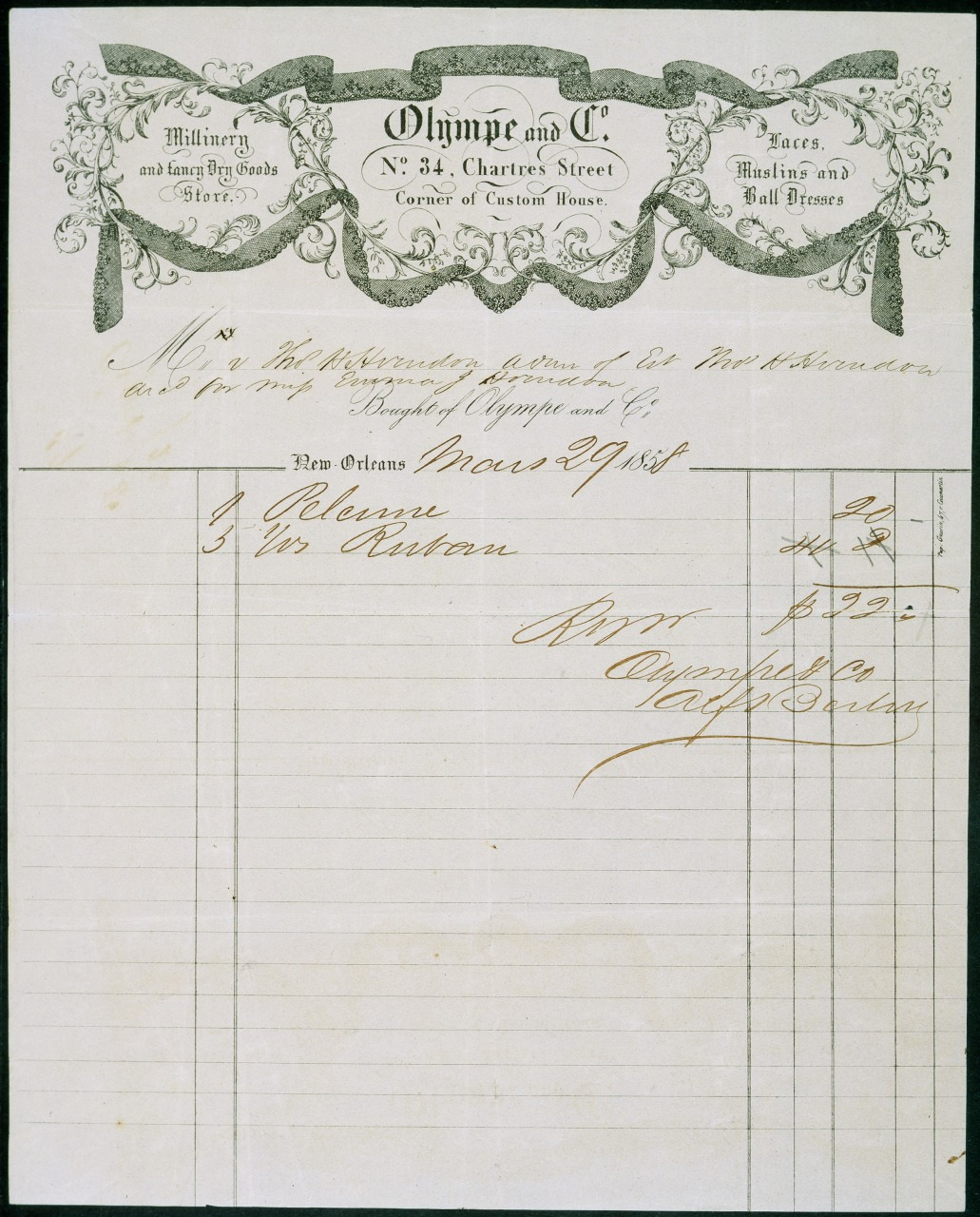 A vintage receipt with ornate design from Olmoye and Co. at 344 Chartres Street, New Orleans. The receipt is dated March 29, 1861, and includes handwritten entries for costs related to millinery goods.