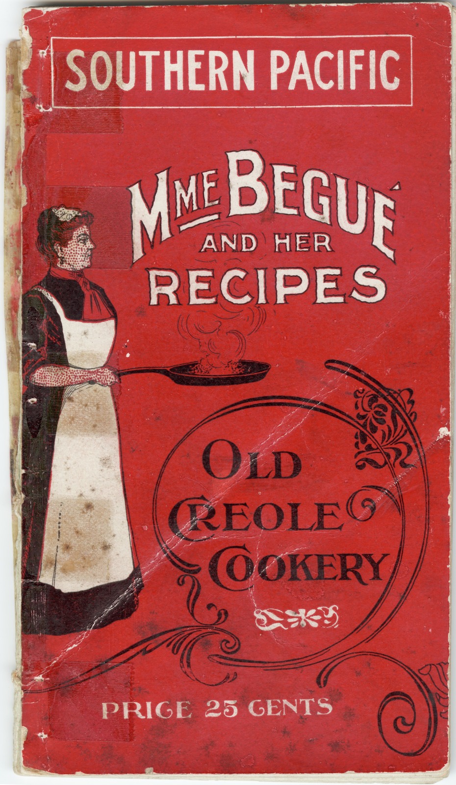 The red cover of Madame Begue's cookbook, featuring an illustration of the chef holding a frying pan.