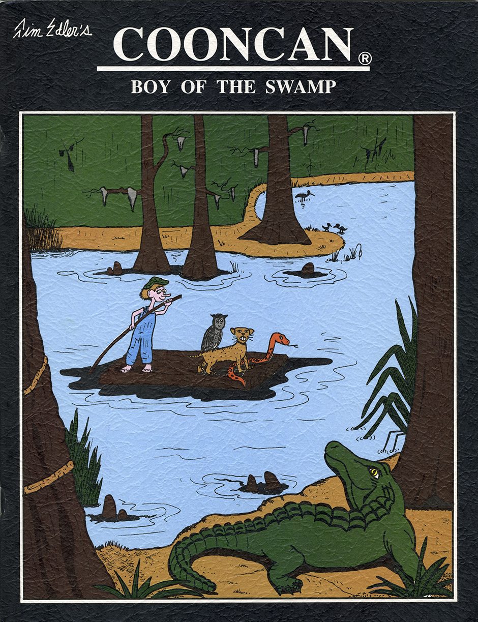 The cover illustration shows Cooncan rowing on a raft down the bayou with his pets as a gator looks on.
