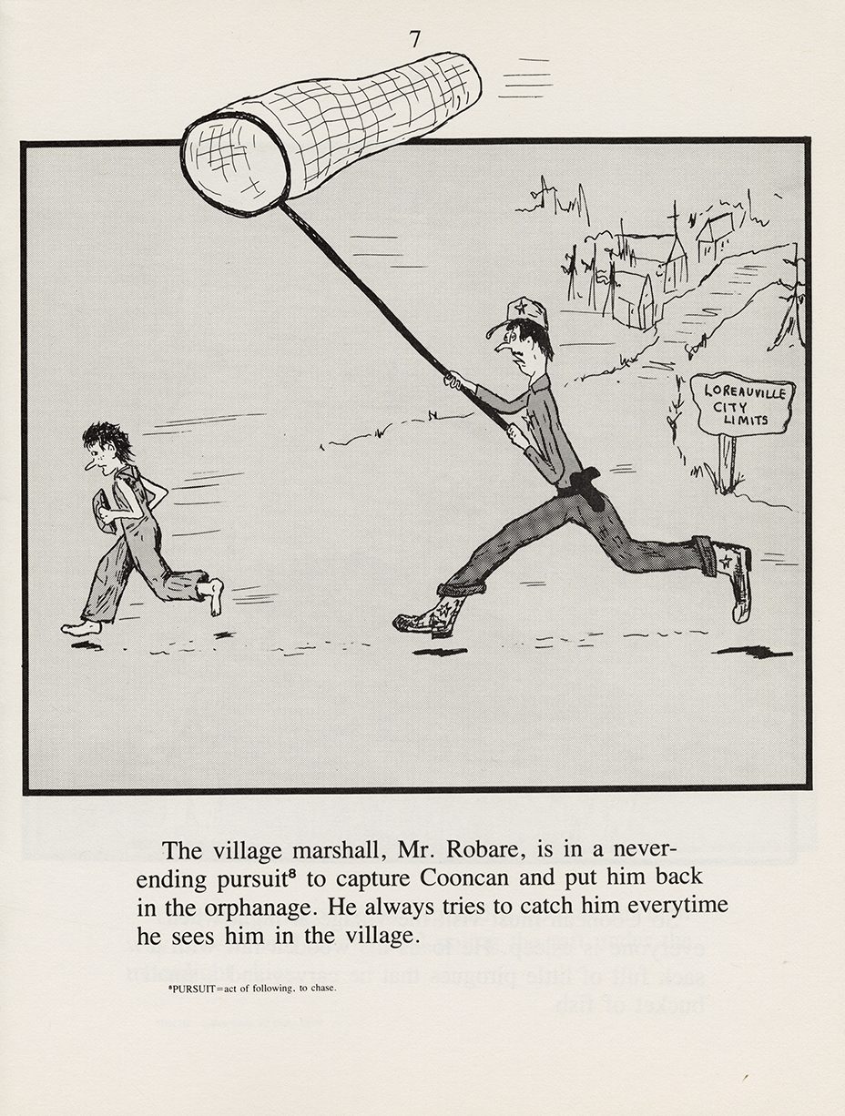 The village marshall tries to catch Cooncan in a net.