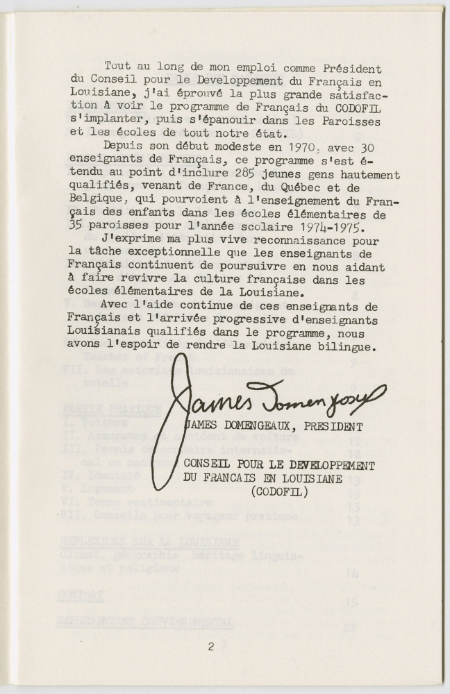 A typed letter in French discusses the efforts to develop French language education in Louisiana. It is signed at the bottom by James Domengeaux, President of the Conseil pour le Développement du Français en Louisiane (CODOFIL).