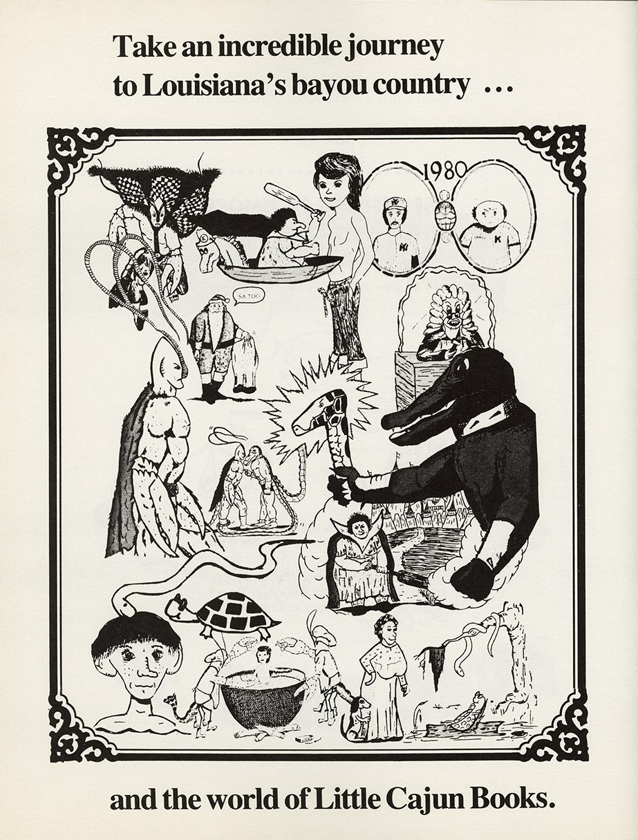 A page featuring samples of illustrations from Tim Edler's books that reads, "Take an incredible journey to Louisiana's bayou country... and the world of Little Cajun Books."