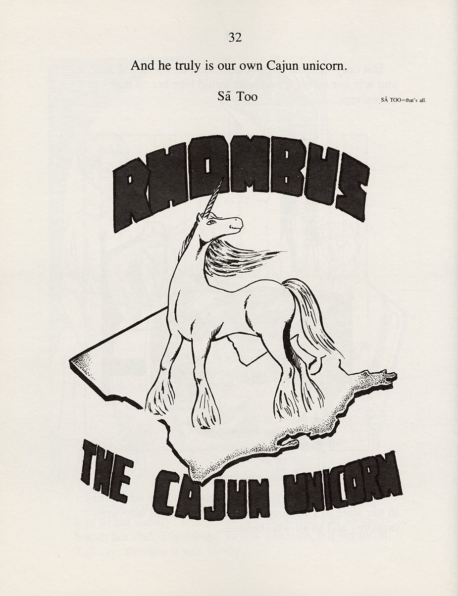 An illustration of Rhombus the Cajun Unicorn standing on top of an outline of Louisiana.