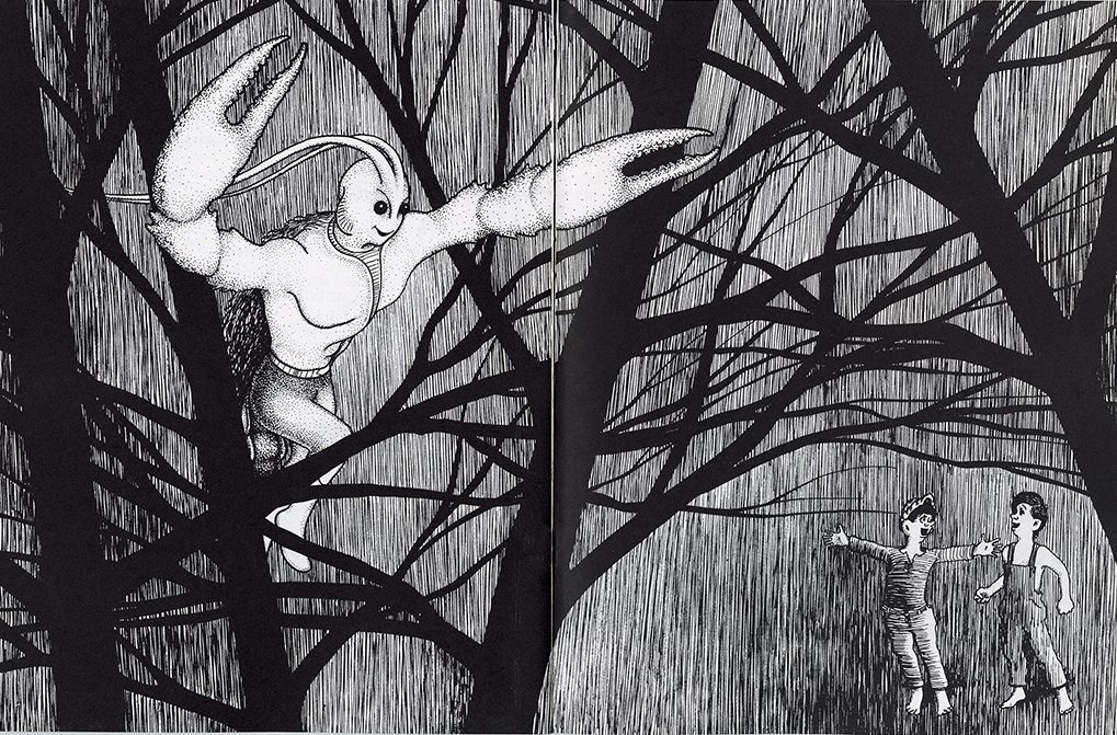 Crawfish-Man leaps from the trees as T-boy and Cooncan look on.