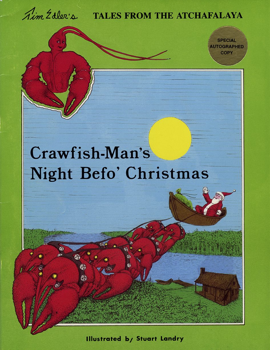 Cajun santa is pulled by his flying crawfish.
