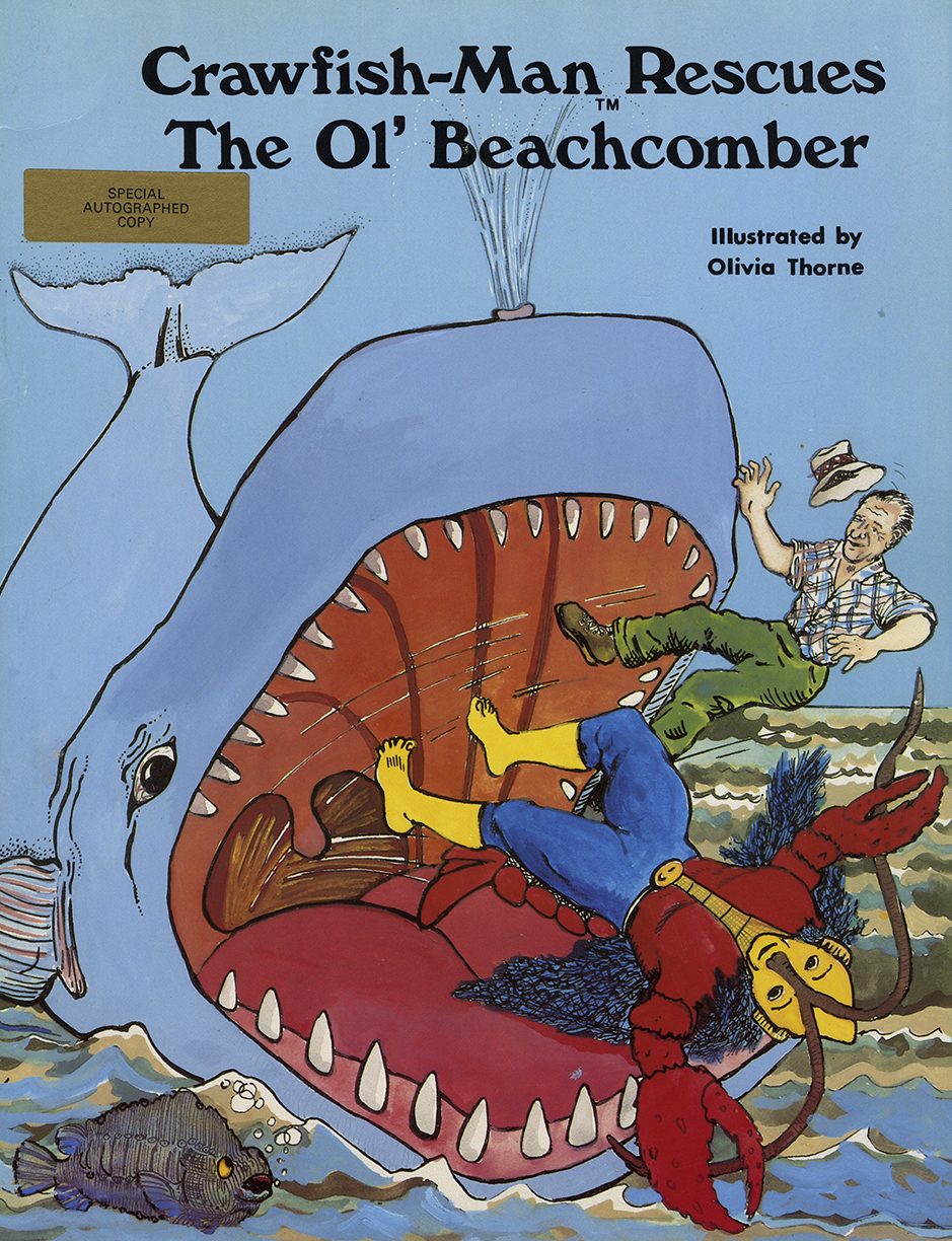 Crawfish-Man and a fisherman fly out of the mouth of a sharp-toothed whale.