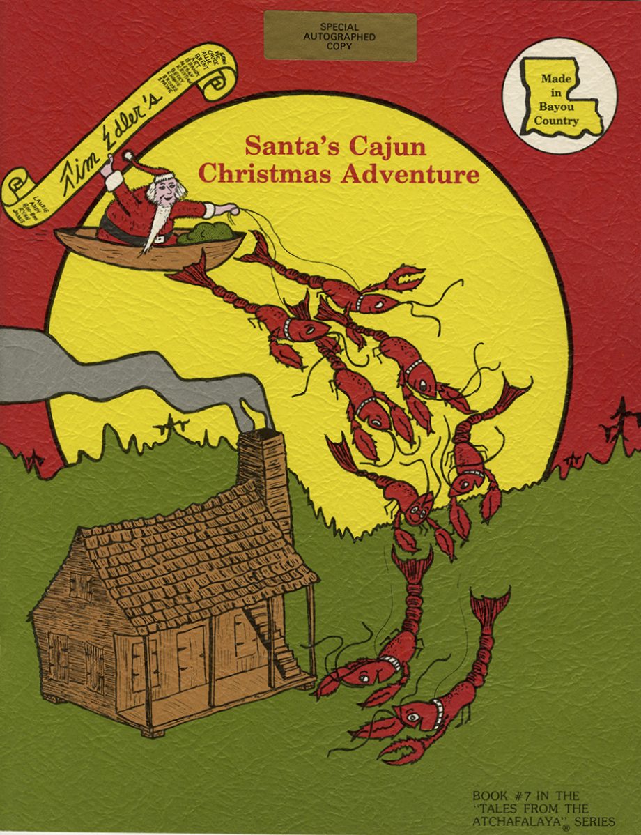 Santa rides his crawfish-drawn pirogue through the sky over a Cajun home.