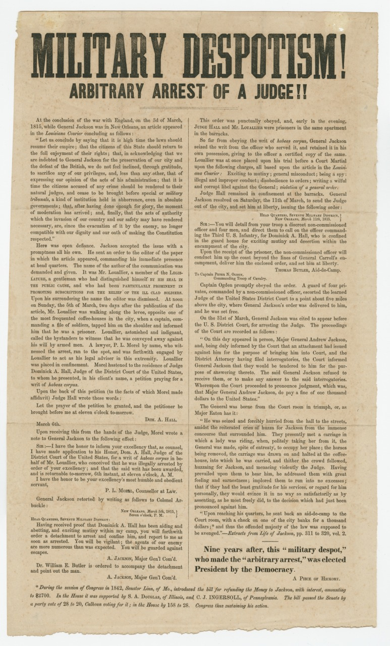 An old newspaper article titled Military Despotism! Arbitrary Arrest of a Judge!! with several paragraphs of text describing an incident involving General Jackson, a judge, and military actions in New Orleans in 1815. The text is densely packed.