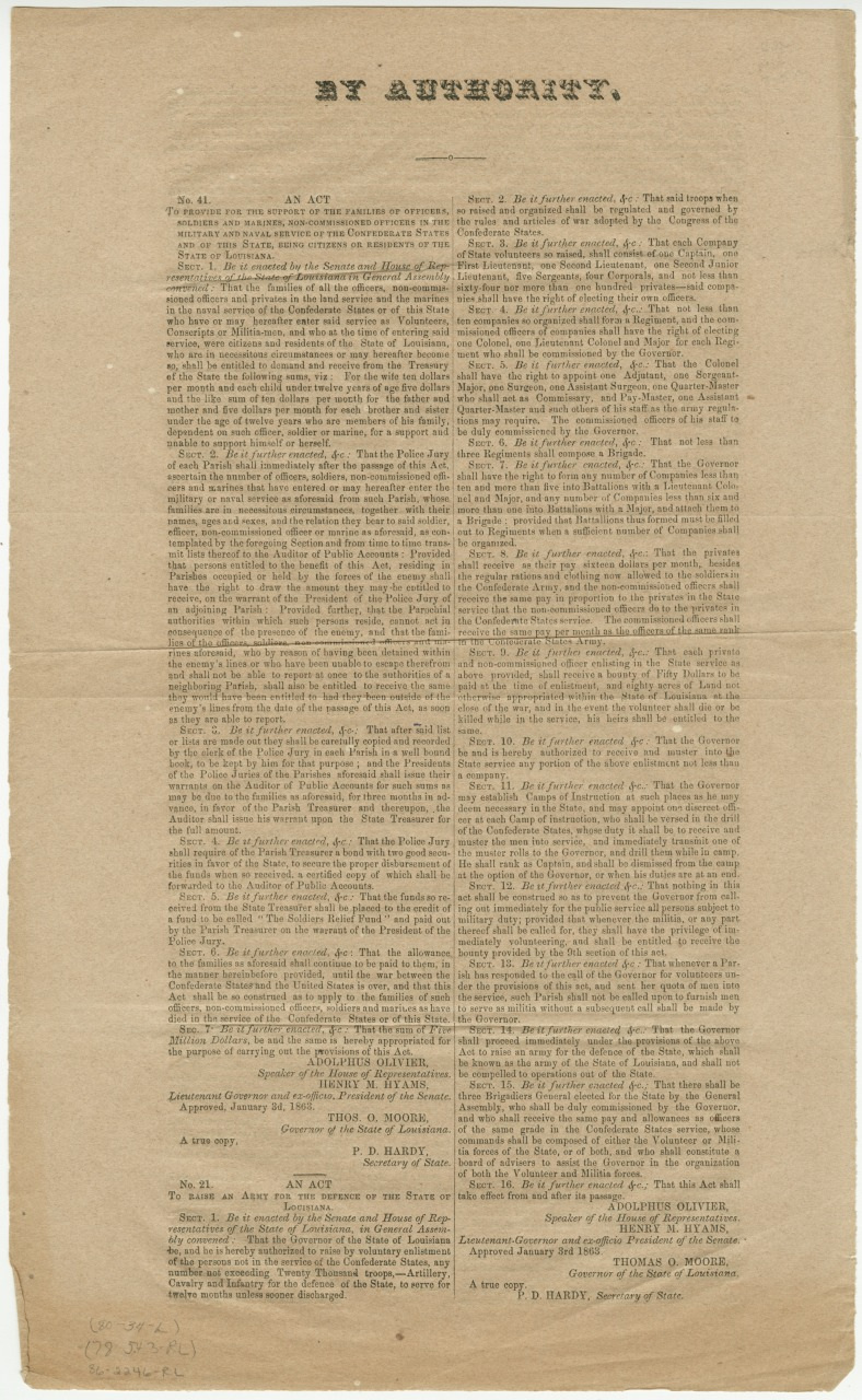 A vintage document titled By Authority with densely packed text, discussing legislative acts. The layout consists of two columns filled with small, printed words. Overall appearance is aged, with faded sepia tones and visible creases.