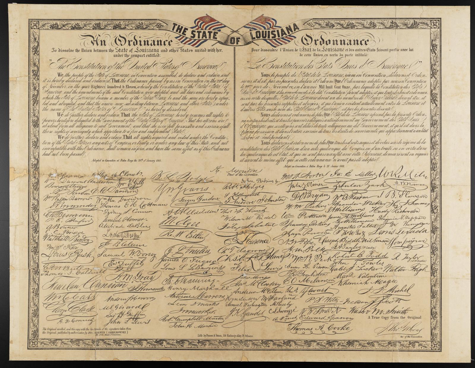 An old document titled Ordinance of Secession from the state of Louisiana. It has ornate borders, large text at the top, and numerous signatures at the bottom, indicating its official nature. The paper shows signs of wear and aging.