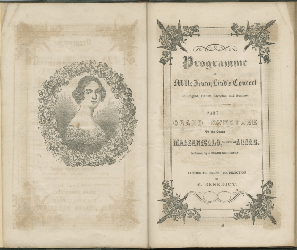 An ornate concert program front page for Mlle Jenny Linds concert. Features a vintage portrait of a woman in an intricate frame on the left. Text on the right details a grand overture to the opera Massaniello by Auber, conducted by M. Benedict.