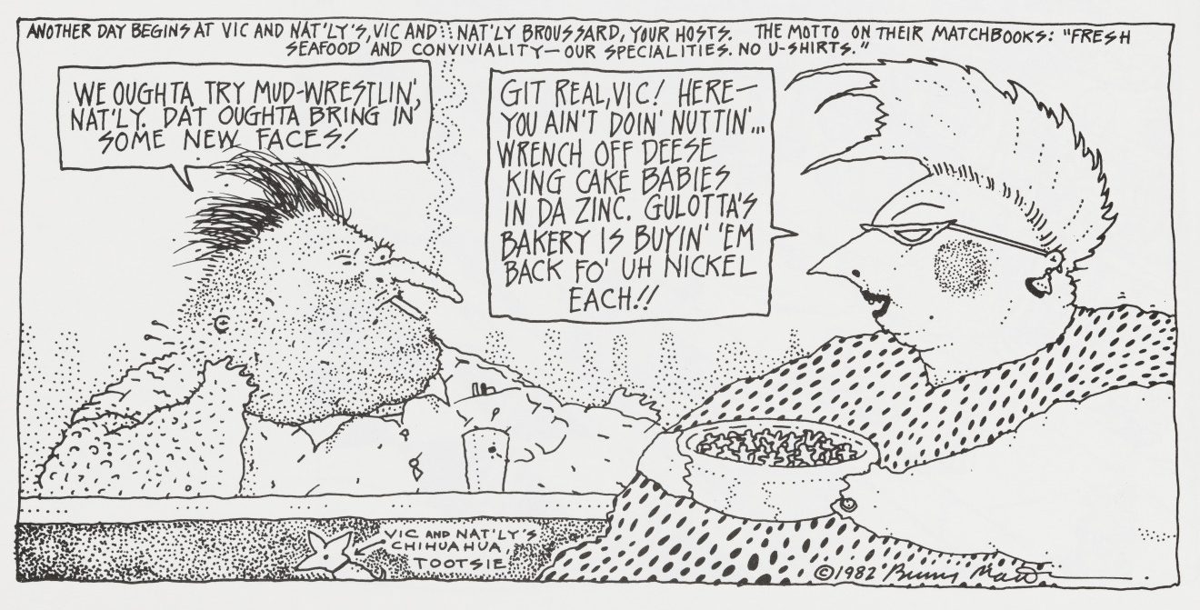 Black and white cartoon depicting Bunny Matthews cartoon characters Vic and Nat’ly. The characters are discussing ways to make money and bring more people into their restaurant.
