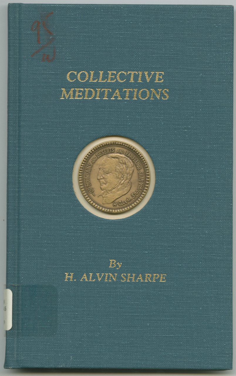 The image shows a teal hardcover book titled Collective Meditations by H. Alvin Sharpe. The cover features a gold-colored medallion-like design with two profile silhouettes in the center.