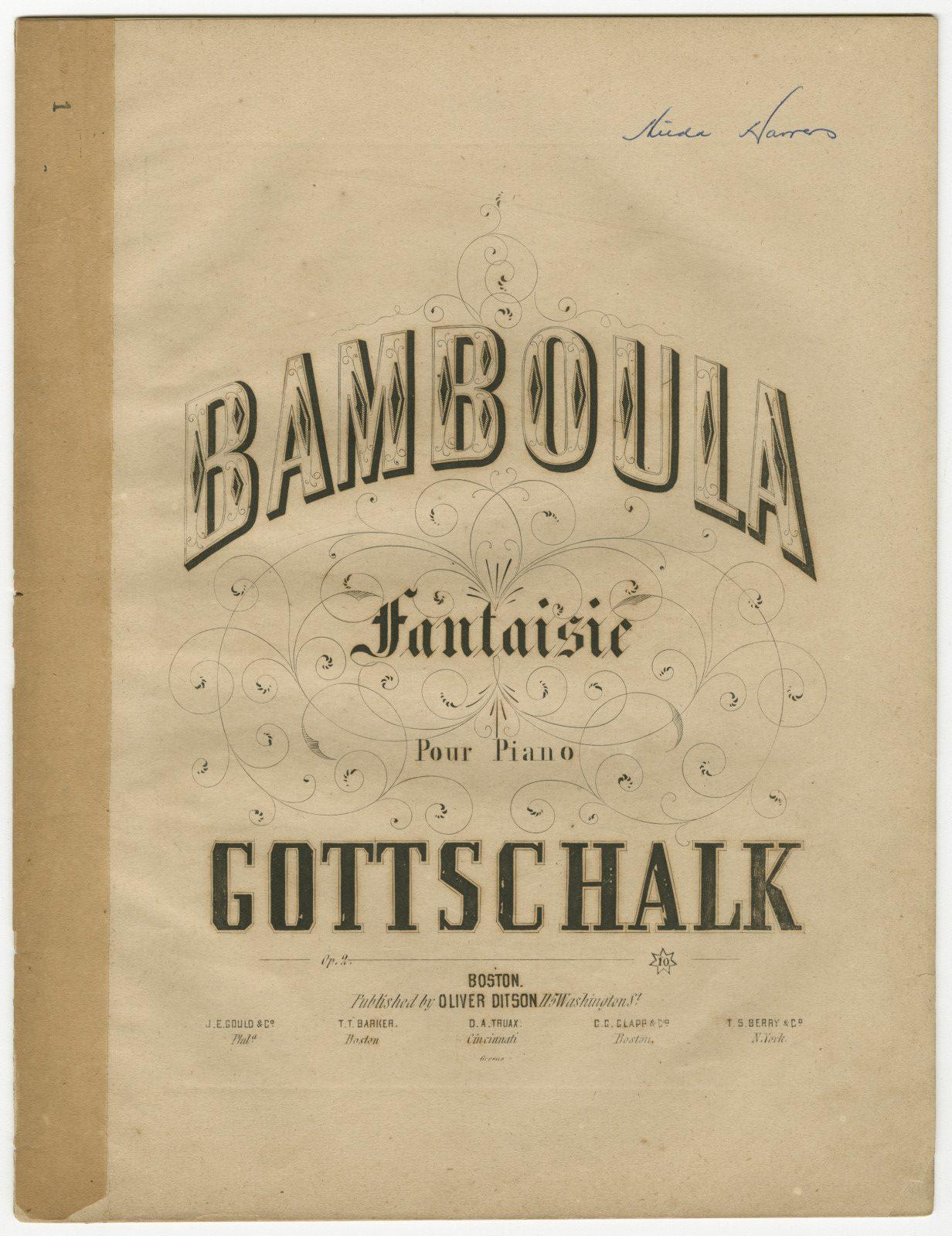 Sheet music cover titled Bamboula by Gottschalk, featuring decorative typography with the subtitle Fantaisie Pour Piano. Published by Oliver Ditson in Boston. Handwritten signature at the top right corner.