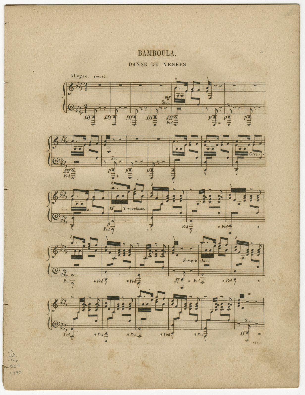 Sheet music titled Bamboula: Danse de Negres featuring a classical piano composition. The page is aged and shows musical notation with tempo marked as Allegro.