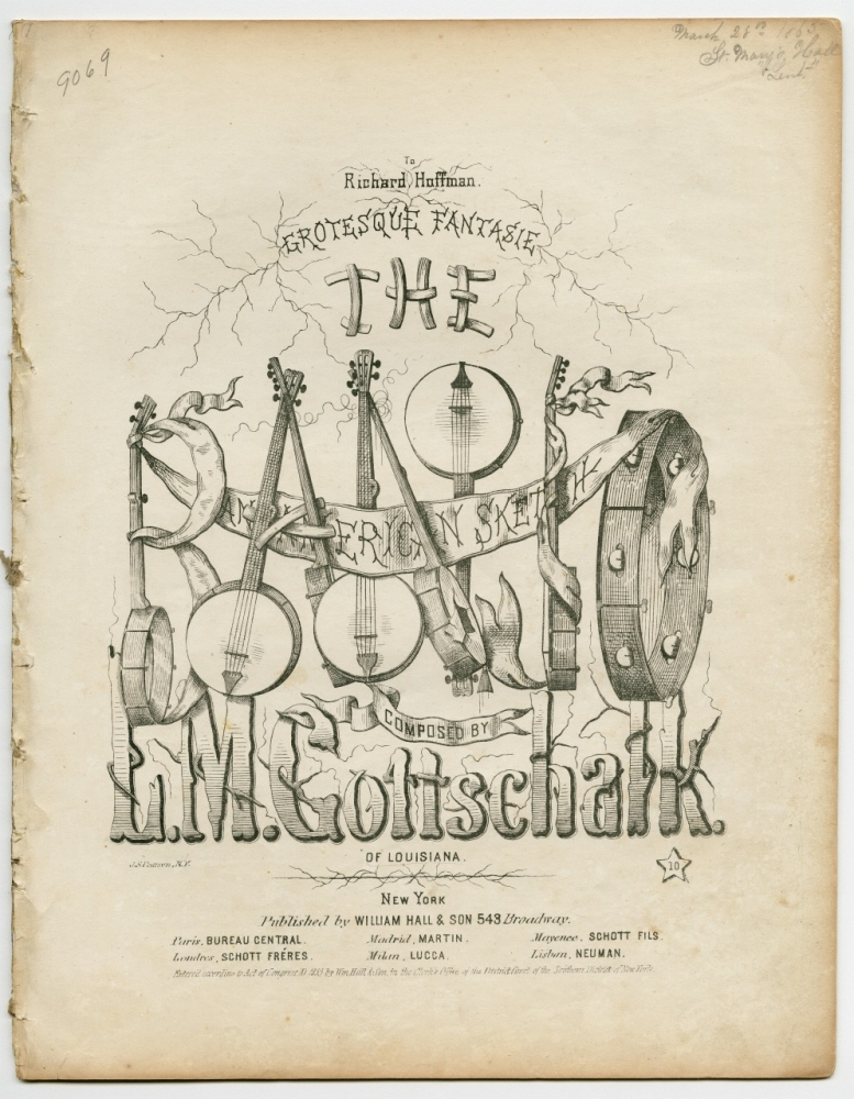 Sheet music cover titled The Banjo: An American Sketch by L.M. Gottschalk. Features illustrations of banjos, musical notes, and decorative text. Published by William Hall & Son in New York.
