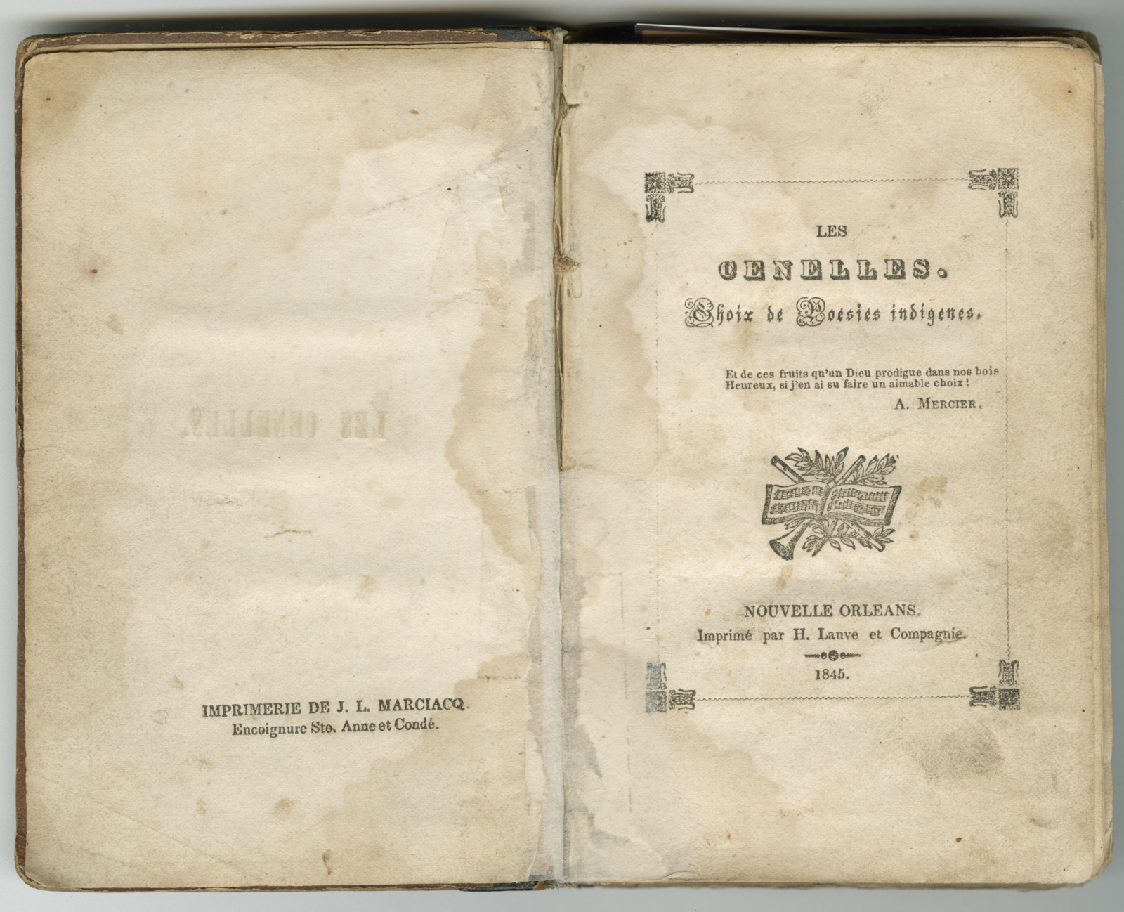 A photo of the "Les Cenelles: Choix de poésies indigènes," a book of Creole poetry published in 1845 and edited by Armand Lanusse.