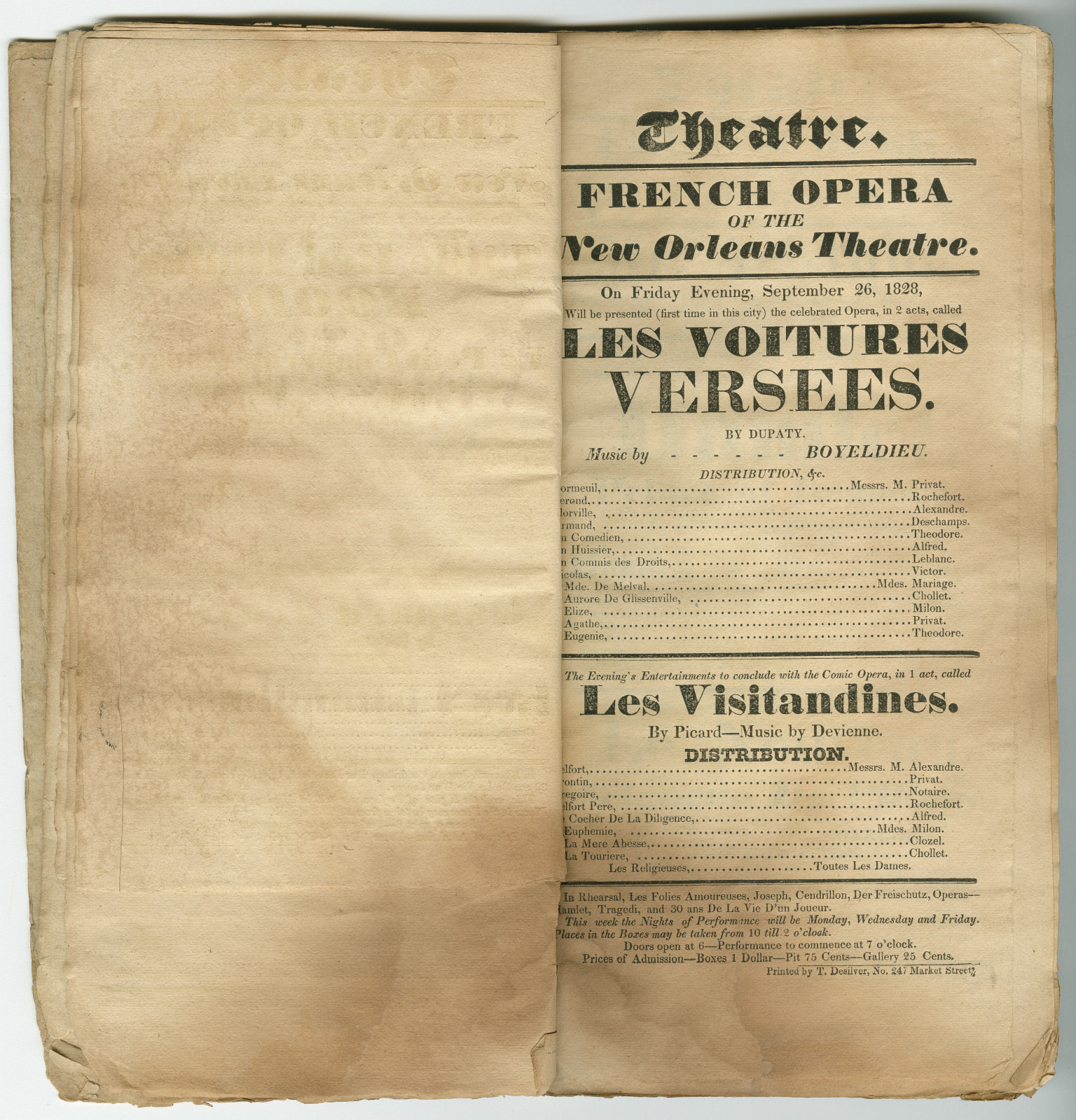 A vintage program from the New Orleans Theatre dated September 26, 1828, featuring Les Voitures Versées by Dupaty and Boieldieu. Text includes a list of performers and details of the evenings entertainment, including Les Visitandines.