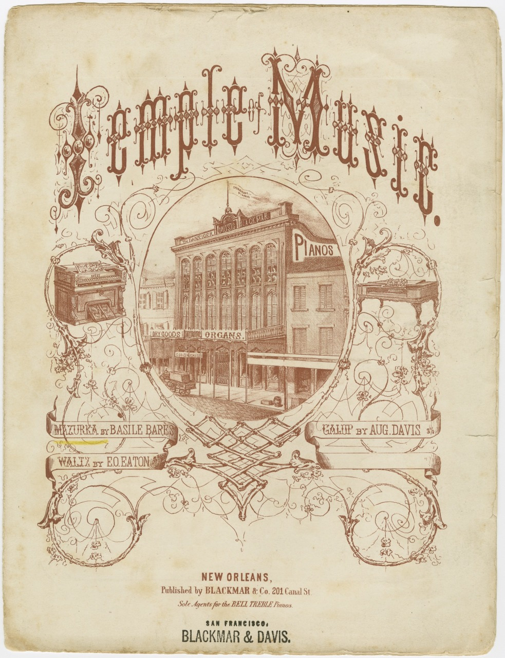 Vintage sheet music cover titled Temple of Music, featuring ornate typography and a detailed illustration of a music store facade with pianos and organs. Published by Blackmar & Co. in New Orleans, 1860s. Decorative floral borders enhance the design.