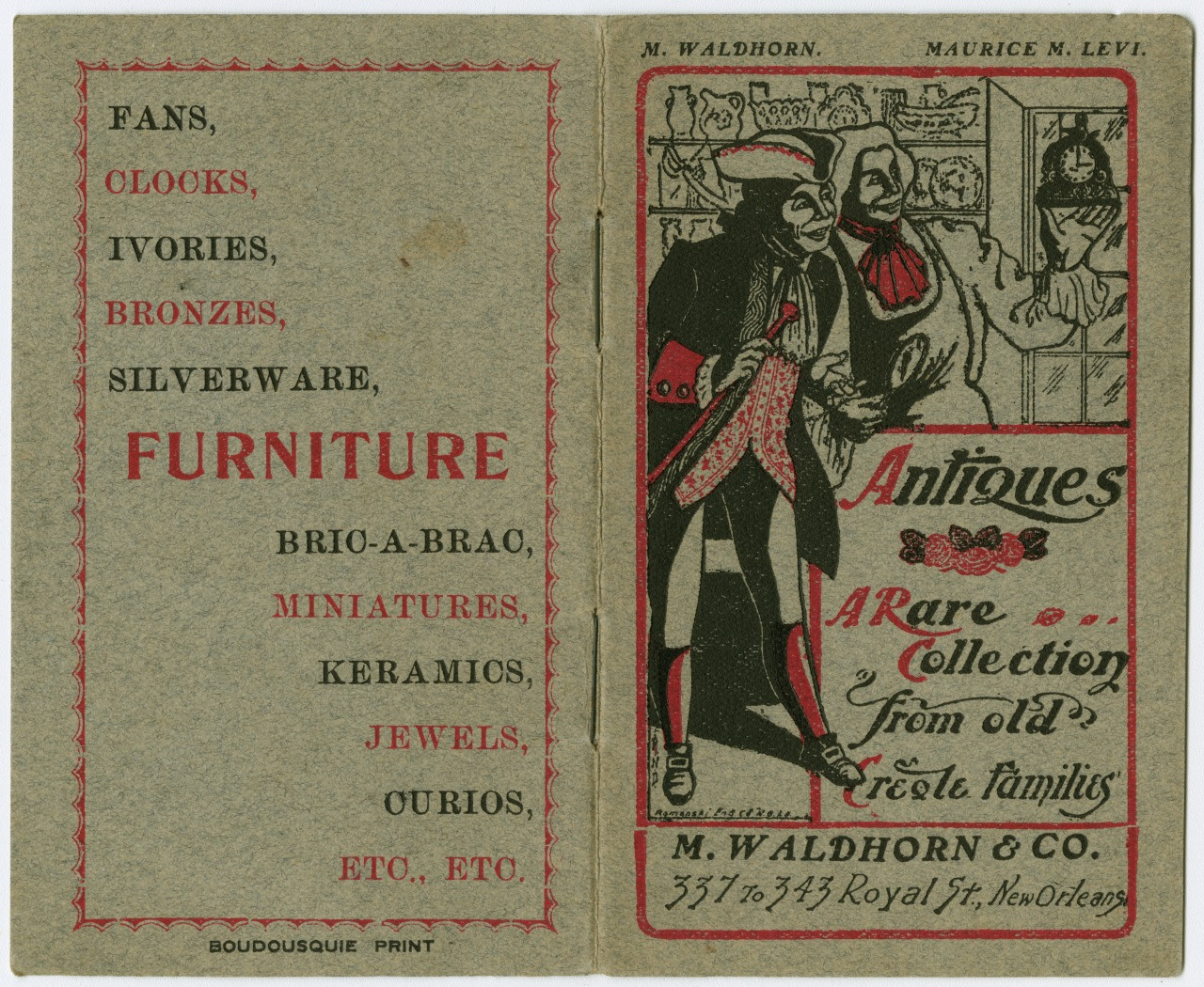 Vintage advertisement for M. Waldhorn & Co., New Orleans. Features a list of antiques like ivories, bronzes, and furniture. Right side shows a drawing of early American figures in a shop setting. Elegant, old-fashioned design with red accents.