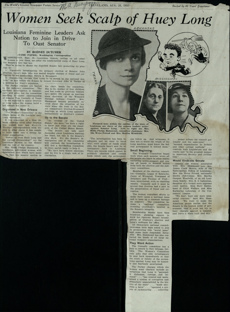 A vintage newspaper article titled Women Seek Scalp of Huey Long with black-and-white photos of three women. The article discusses a movement led by Louisiana women against Senator Huey Long. The newspapers date is August 31, 1935.