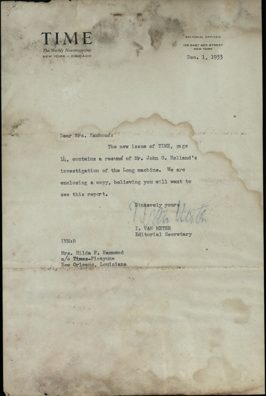 A typewritten letter on Time magazine letterhead dated December 1, 1933, addressed to Mrs. Hilda P. Hammond. It mentions a report on John G. Hollands investigation of the Long machine, with a signature from J. Van Meter, Editorial Secretary.
