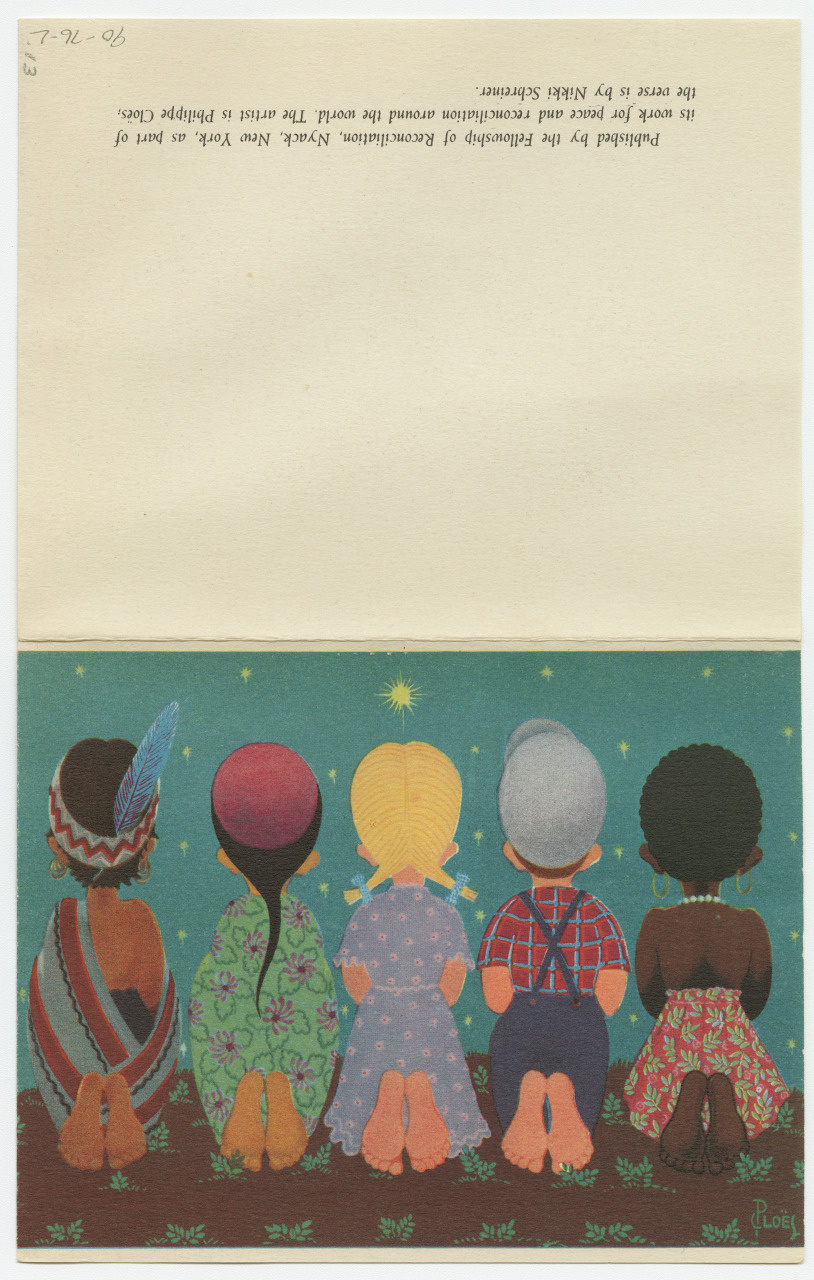 Illustration of five children sitting on their knees, viewed from behind. Each child wears distinct clothing, representing different cultures. The sky above is dotted with stars.
