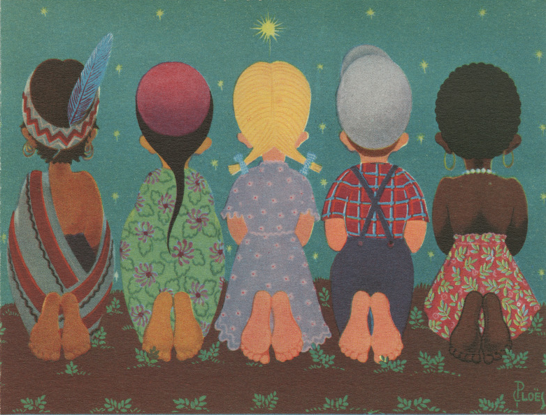Five children of diverse backgrounds kneel on grass, looking at a glowing star in the night sky. They wear colorful attire representing different cultures. The scene conveys unity and wonder.
