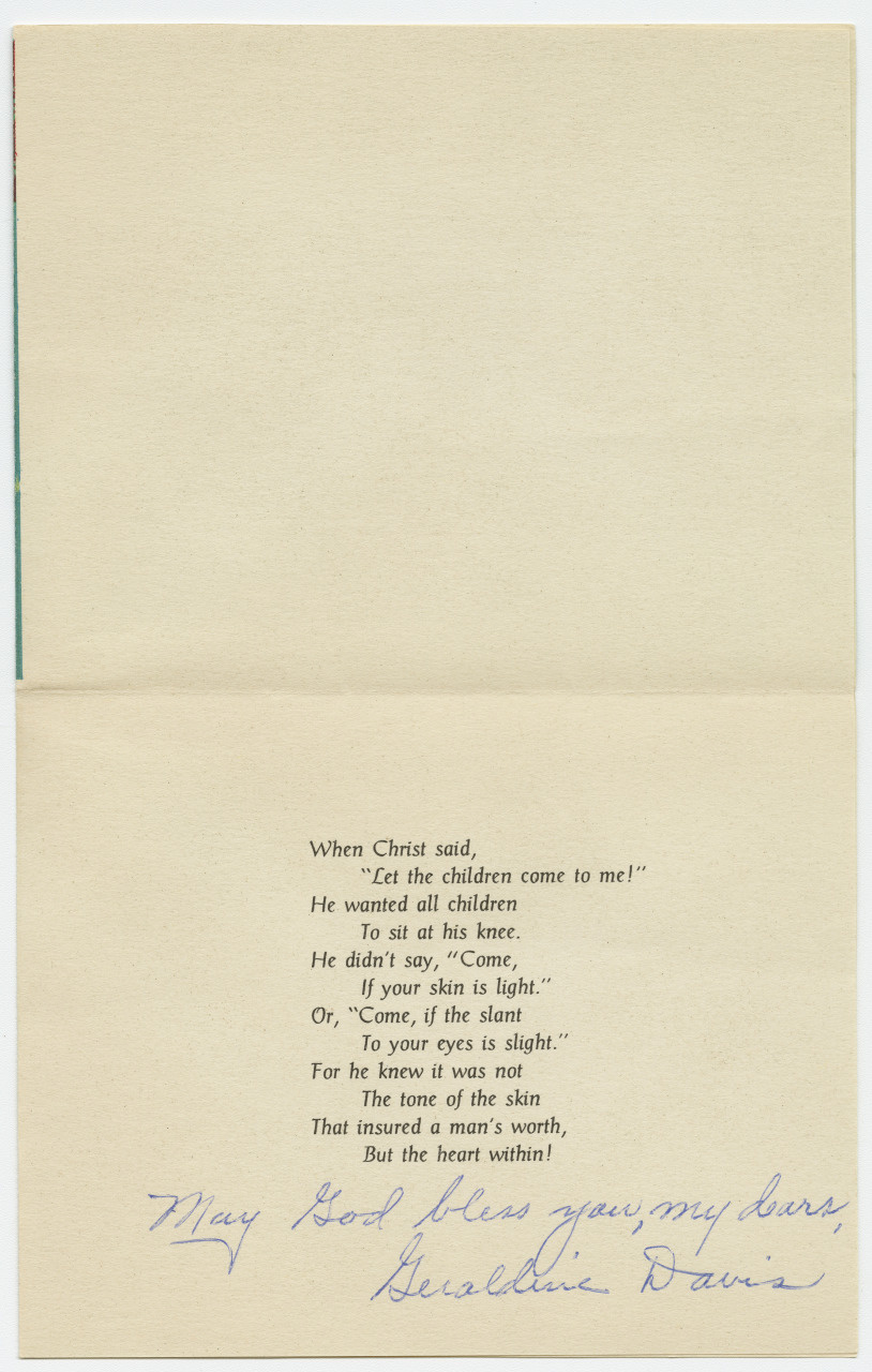 A handwritten poem on a piece of paper, followed by a signature. The poem conveys a message about Christ not judging based on skin color but on the heart within. At the bottom, a handwritten note reads, May God bless you my bars, Geraldine Davis.