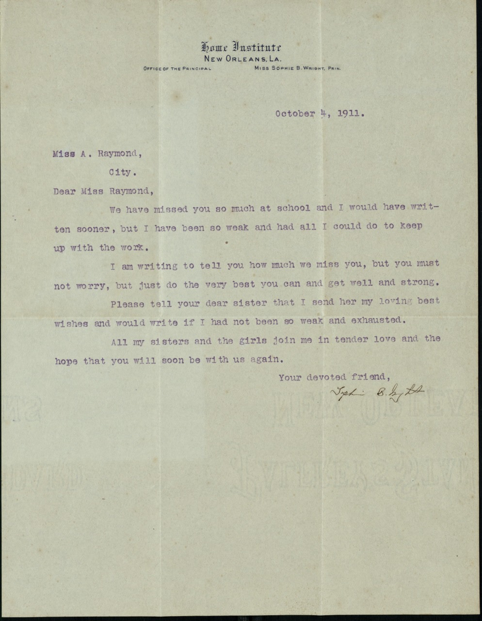 A vintage letter typed on official letterhead from Home Institute, dated October 3, 1911, addressed to Miss A. Raymond. It expresses concern about her absence from school and wishes for her good health and strength.