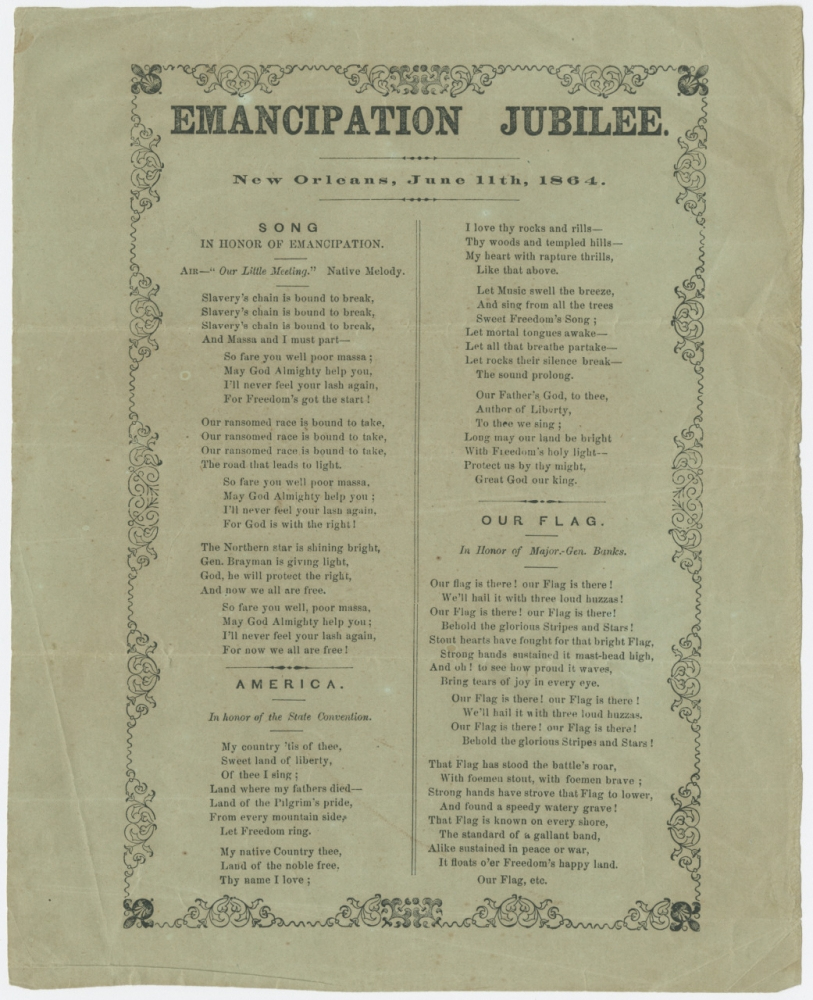 A vintage flyer titled Emancipation Jubilee from June 11, 1864, New Orleans, featuring ornamental borders and songs celebrating emancipation, including Song in Honor of Emancipation and Our Flag.