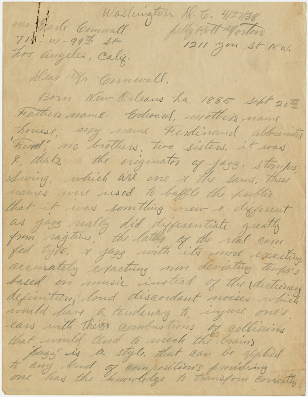 A handwritten letter on aged paper addressed to an individual in Los Angeles, California. The ink is faded, and the writing is dense, with mentions of cities like Washington D.C. and New Orleans. The text is difficult to decipher.