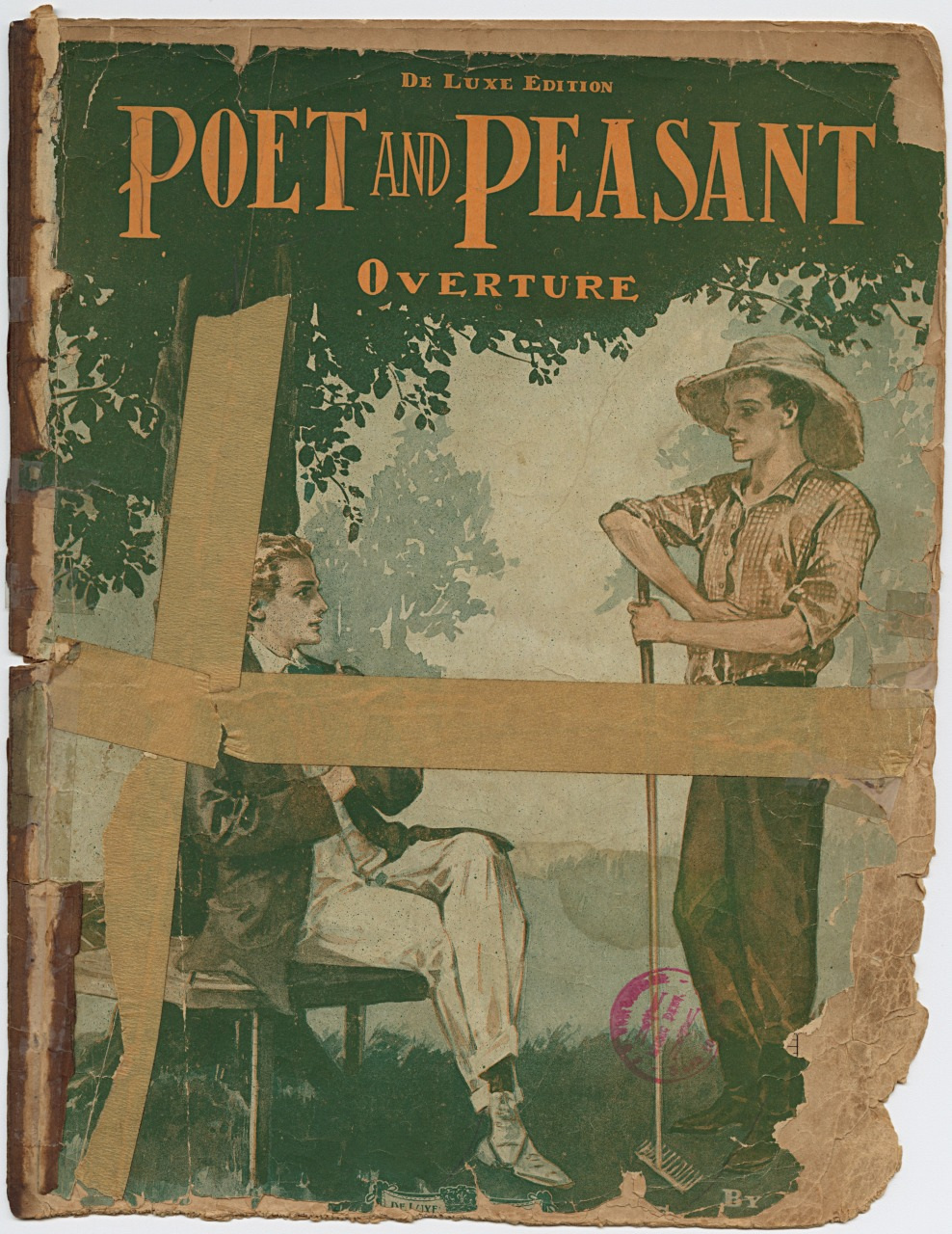 A vintage book cover titled Poet and Peasant Overture. It features an illustration of two men, one seated with a book and the other standing with a rake, set against a green background with a large beige bow design across the front.
